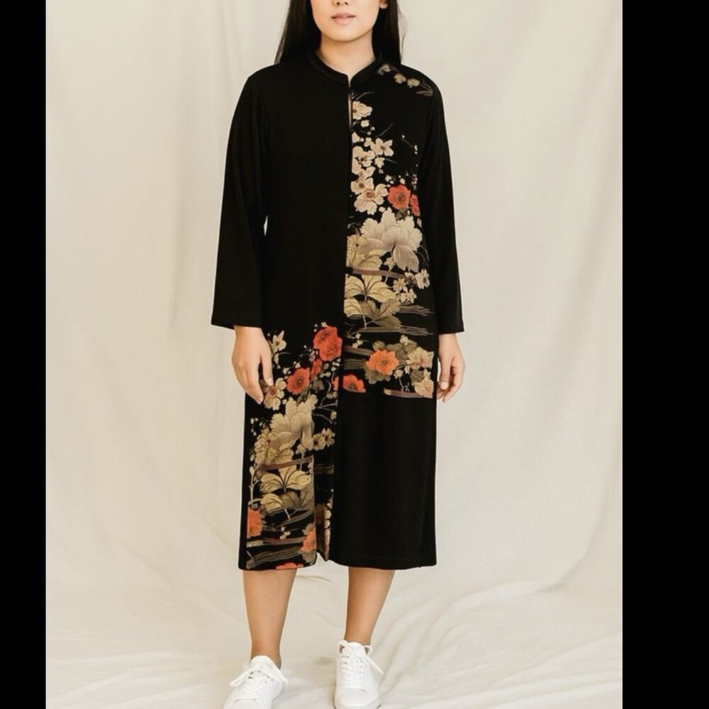 Connies Moonlight Long Duster Jacket Asian Oriental Floral Kimono Art Wear M/L